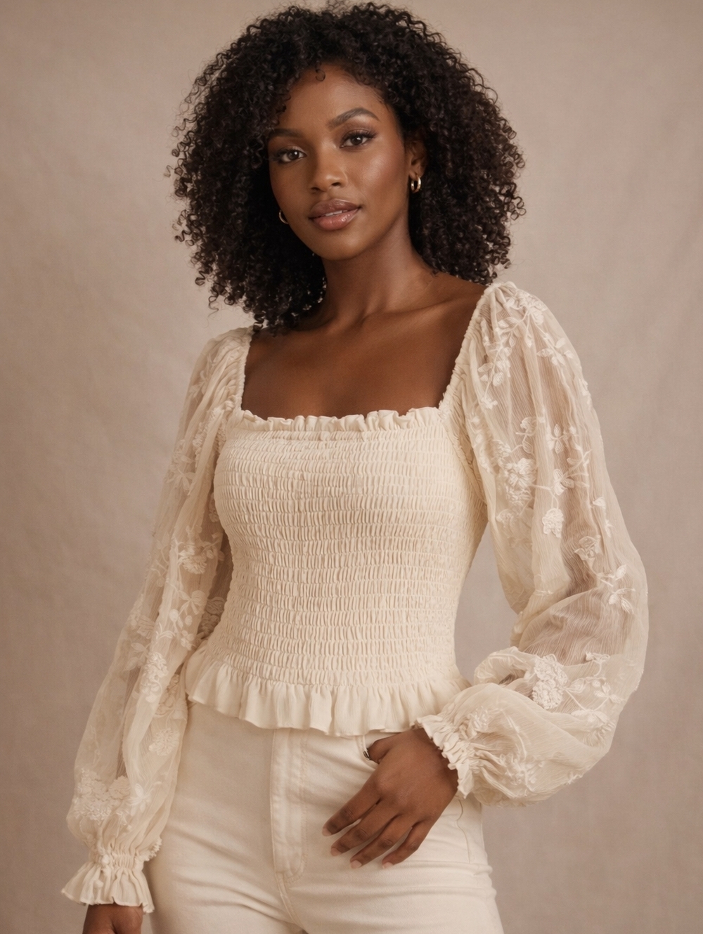 Women's Size Large Blouse Embroidery Romantic Feminine Festival Ivory